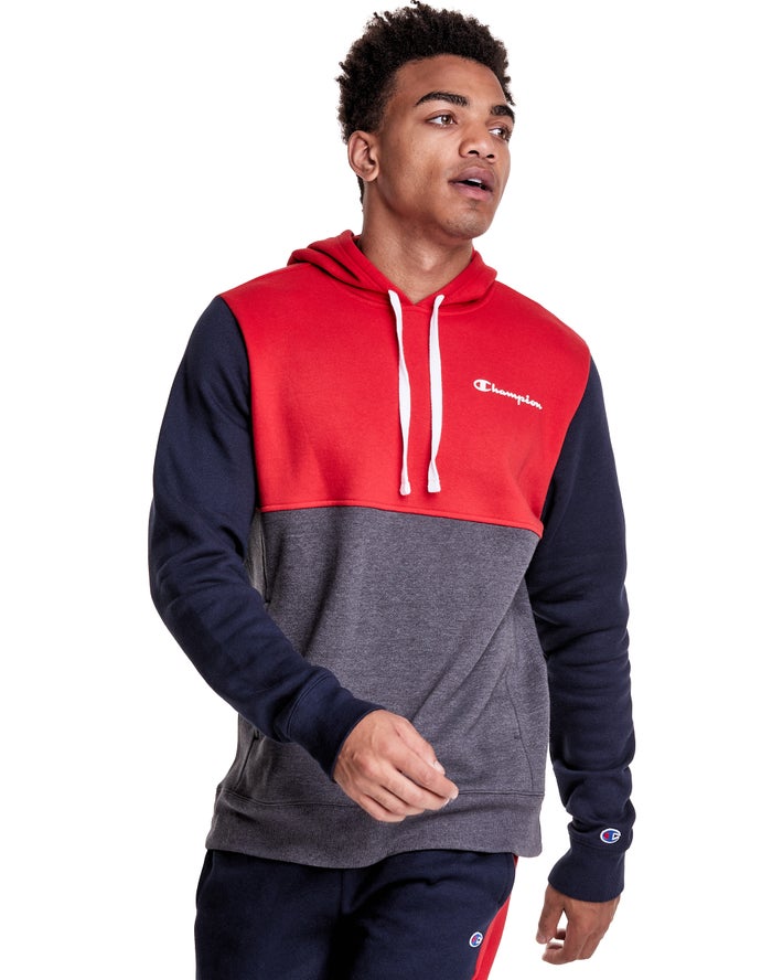 Champion Colorblock Fleece Erkek Kapşonlu Sweatshirt Gri/Kırmızı ( BGNXIO948 )